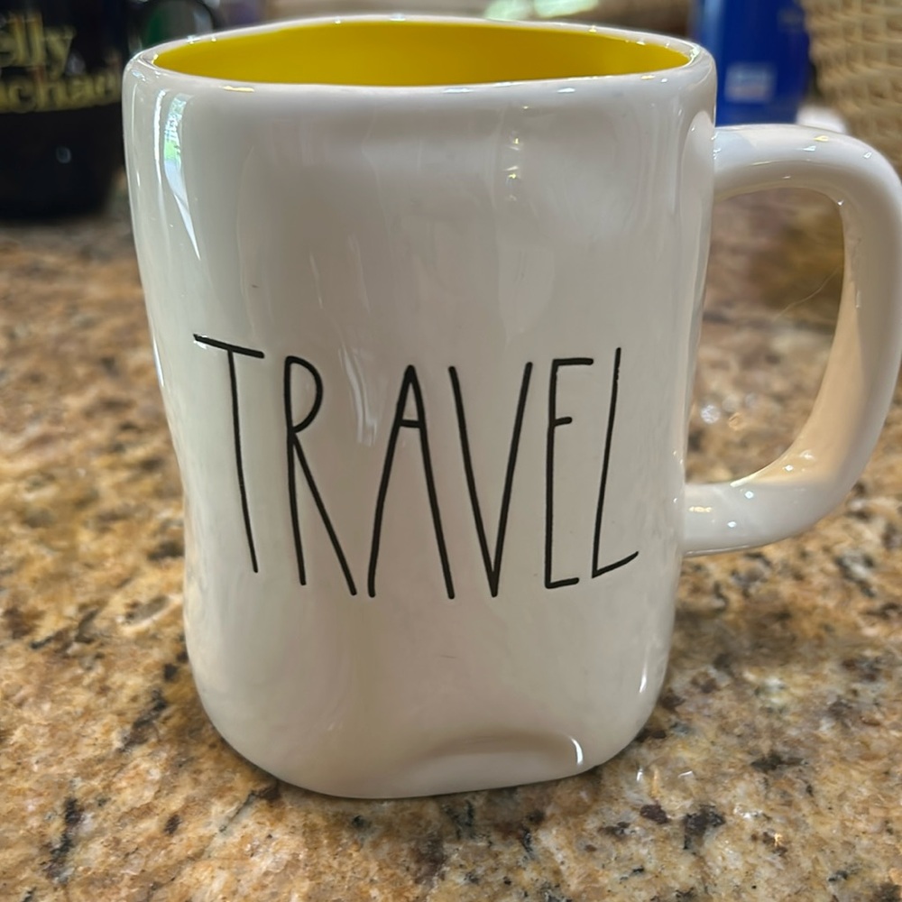 Rae Dunn coffee cup yellow interior with travel on exterior